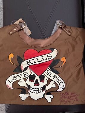 Ed Hardy Brown Tote with Red Heart & Skull Graphic